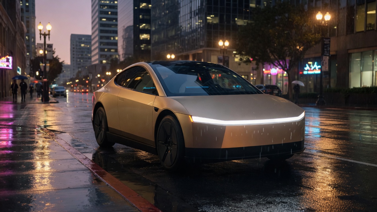 Cybertaxi moving through a dense city skyline