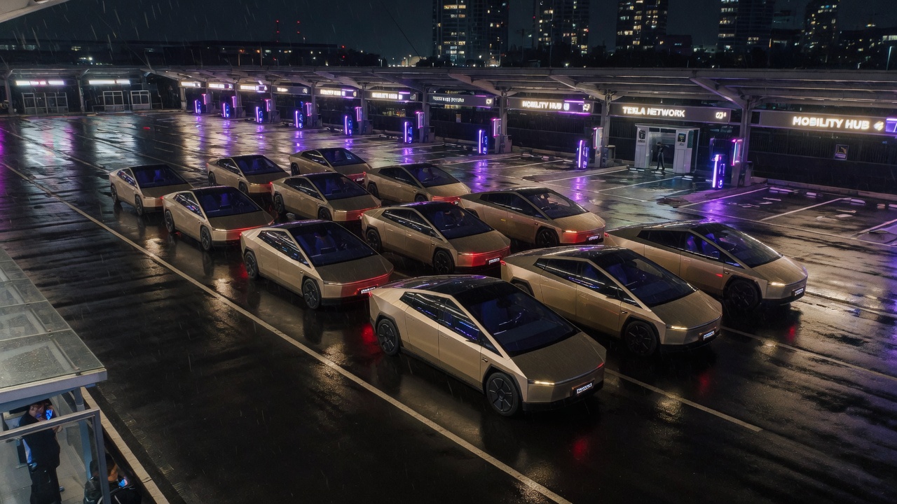 Cybertaxi fleet moving through a city at night