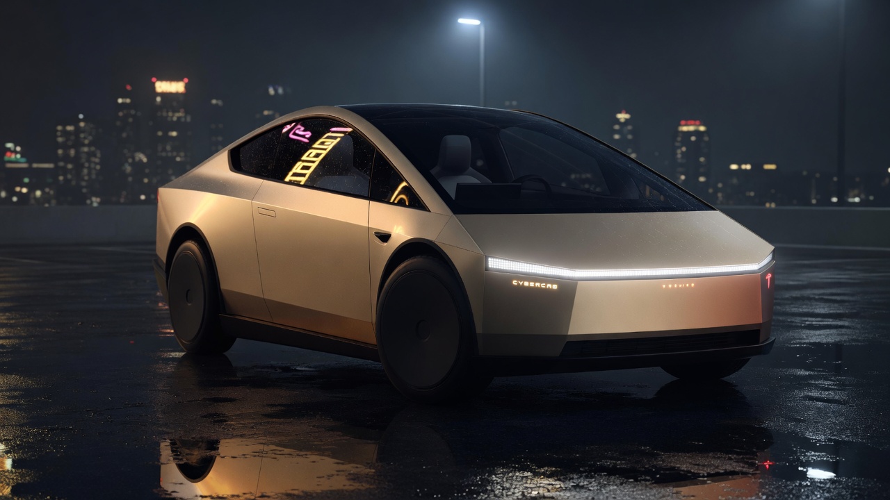 Cybertaxi robotaxi on a wet city street at dusk