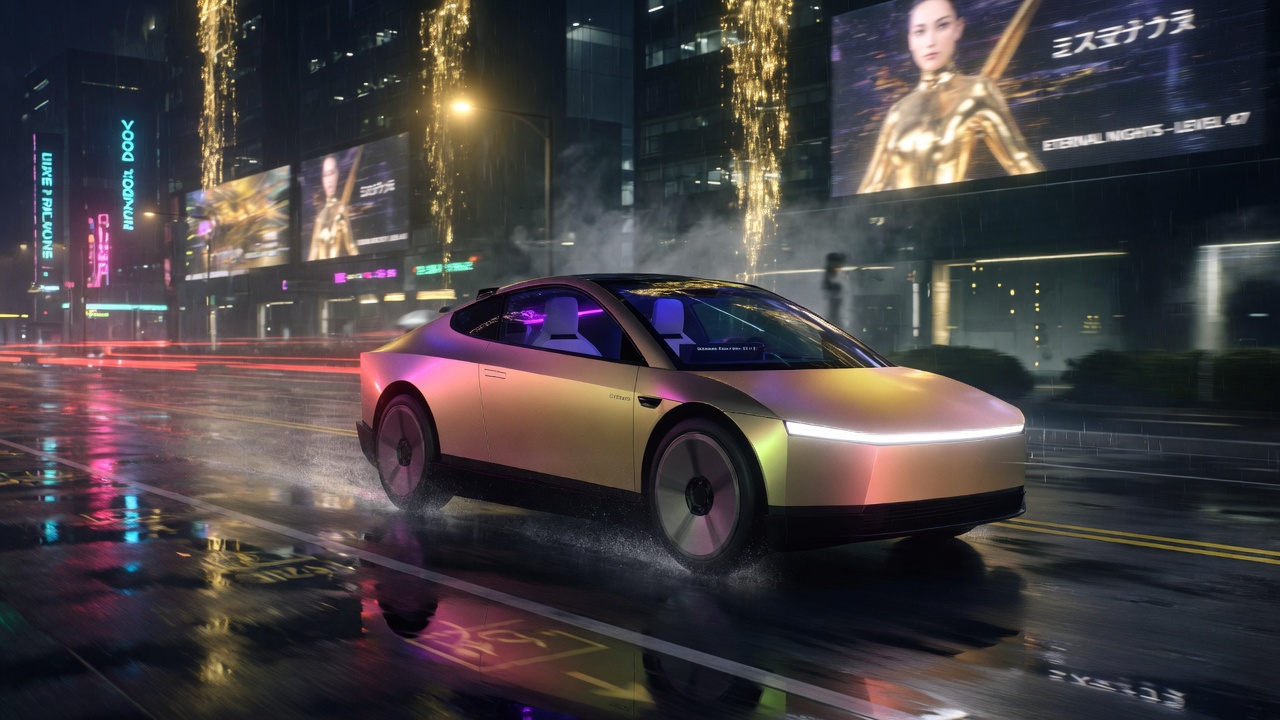 Cybertaxi on a night route through the city
